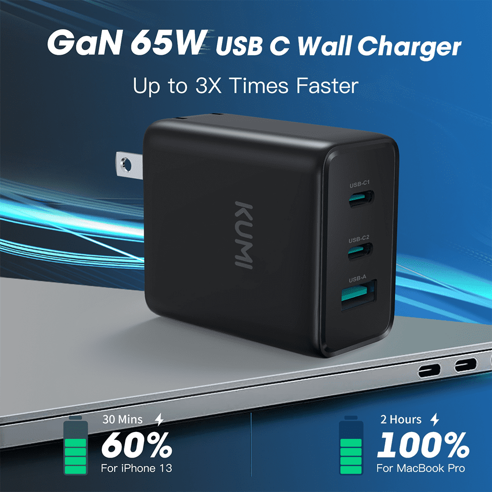 KUMI GaN 65W PD Fast Wall Charger Fast Wall Charger TypeC 3-Port Power Adapter