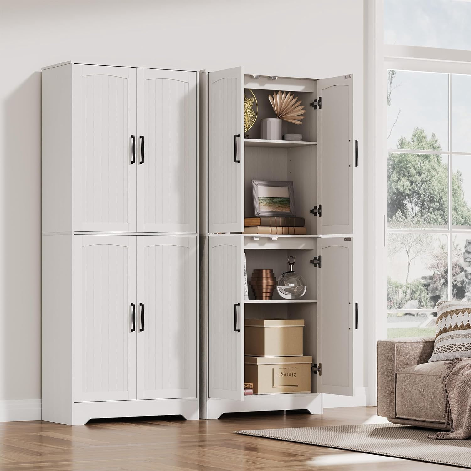 71" Tall Farmhouse Kitchen Pantry Cabinet – Freestanding Wood Storage Cupboard with 4 Doors & Adjustable Shelves for Dining or Living Room, White