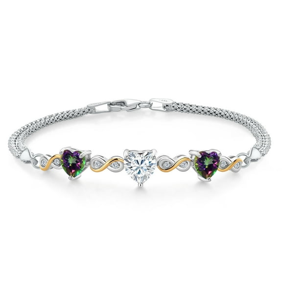 925 Silver and 10K Yellow Gold White Moissanite and Green Mystic Topaz and Lab Grown Diamond Bracelet for Women | 3.35 Cttw | Gemstone Birthstone | Heart Shape 7MM | 6.5/7/7.5 inch, Made in Italy