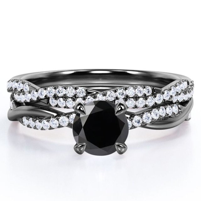 JeenMata Pavé Retorcido Diamante Negro Redondo de 1,75 Quilates Creado en Laboratorio y Moissanita: Conjunto de Boda de Cuatro Puntas: Baño de Oro Negro de 18 K sobre Plata