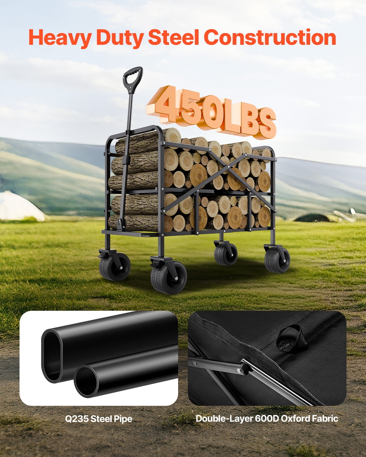 VEVOR Double Decker Wagon Collapsible, 400L Heavy Duty Folding Wagon Cart, Extended Long Garden Cart with All-Terrain Wheels, Support Up to 450lbs, Outdoor Utility Wagon for Camping, Sports