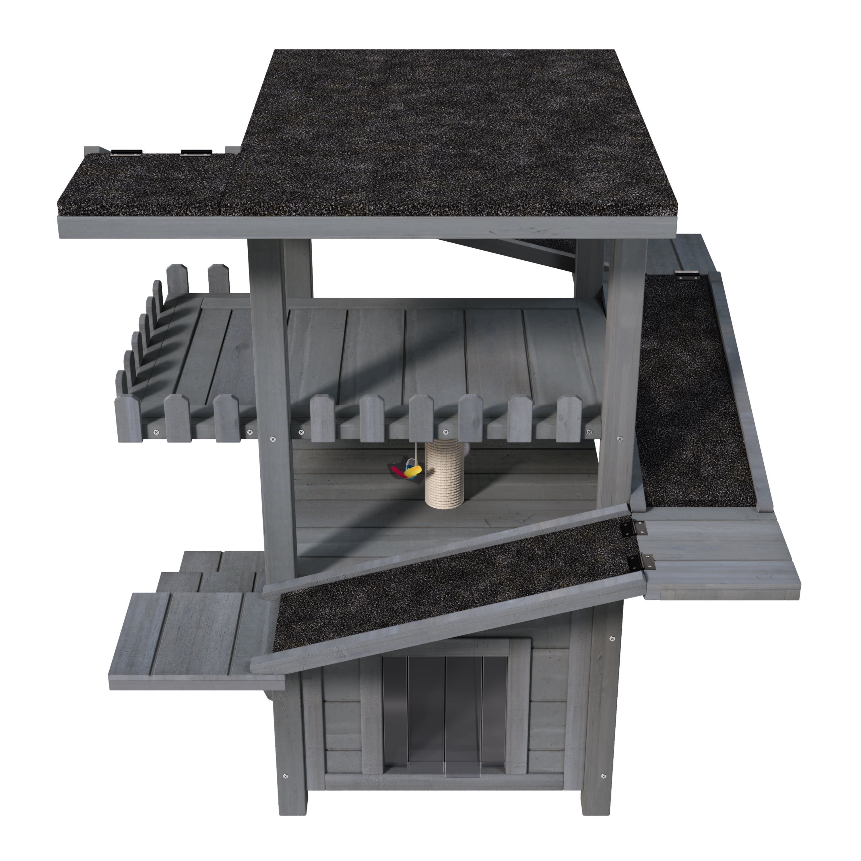 Aukfa 4-Tier Outdoor Cat House with Weatherproof Roof, Wooden Cat Tree with Ramps & Scratching Post, Multi-Level Cat Enclosure for Outside/Inside,Gray