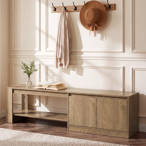 Finmind Entryway Bench with Storage, 62.99" Wooden Shoe Bench with Cabinet and 2-Tier Open Shelves for Hallway, Foyer, Living Room and Bedroom, Brown