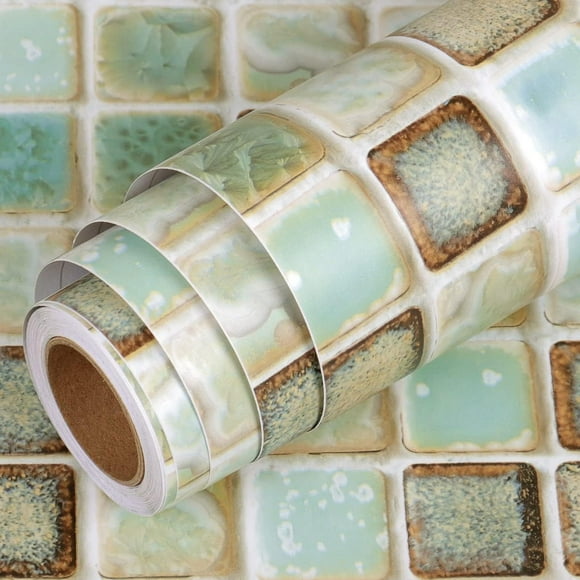 shiyou-40CMX5M Waterproof Wallpaper for Bathroom Vinyl Peel and Stick Tiles for Walls Backsplash Tile Contact Paper for Bathroom Shower Wall Tile Removable Wall Paper Roll Teal Green Mosaic