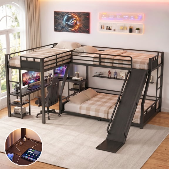 Aukfa L-Shaped Metal Triple Bunk Bed with Desk, Shelves, USB Ports and Slide, Twin XL over Queen Bunk Bed for Three Kids, Black
