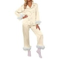thumbnail image 2 of Women's Silk Pajamas Fuzzy Feather Trim Button Down Long Sleeve Shirt Pants Womens Two Piece Lounge Set Sleepwear for Women, 2 of 3