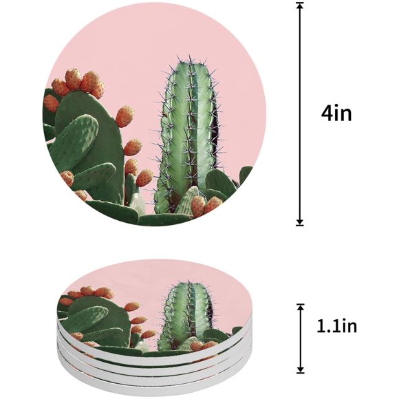 POGLIP Tropical Plant Cactus Set of 4 Round Coaster for Drinks, Absorbent Ceramic Stone Coasters Cup Mat with Cork Base for Home Kitchen Room Coffee Table Bar Decor