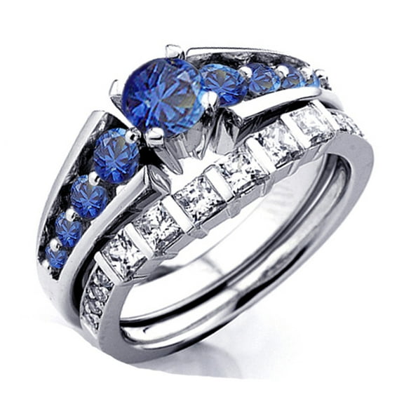 Dazzlingrock Collection 18K Princess & Round White Diamond And Blue Sapphire Bridal Engagement Ring Set, White Gold, Size 6