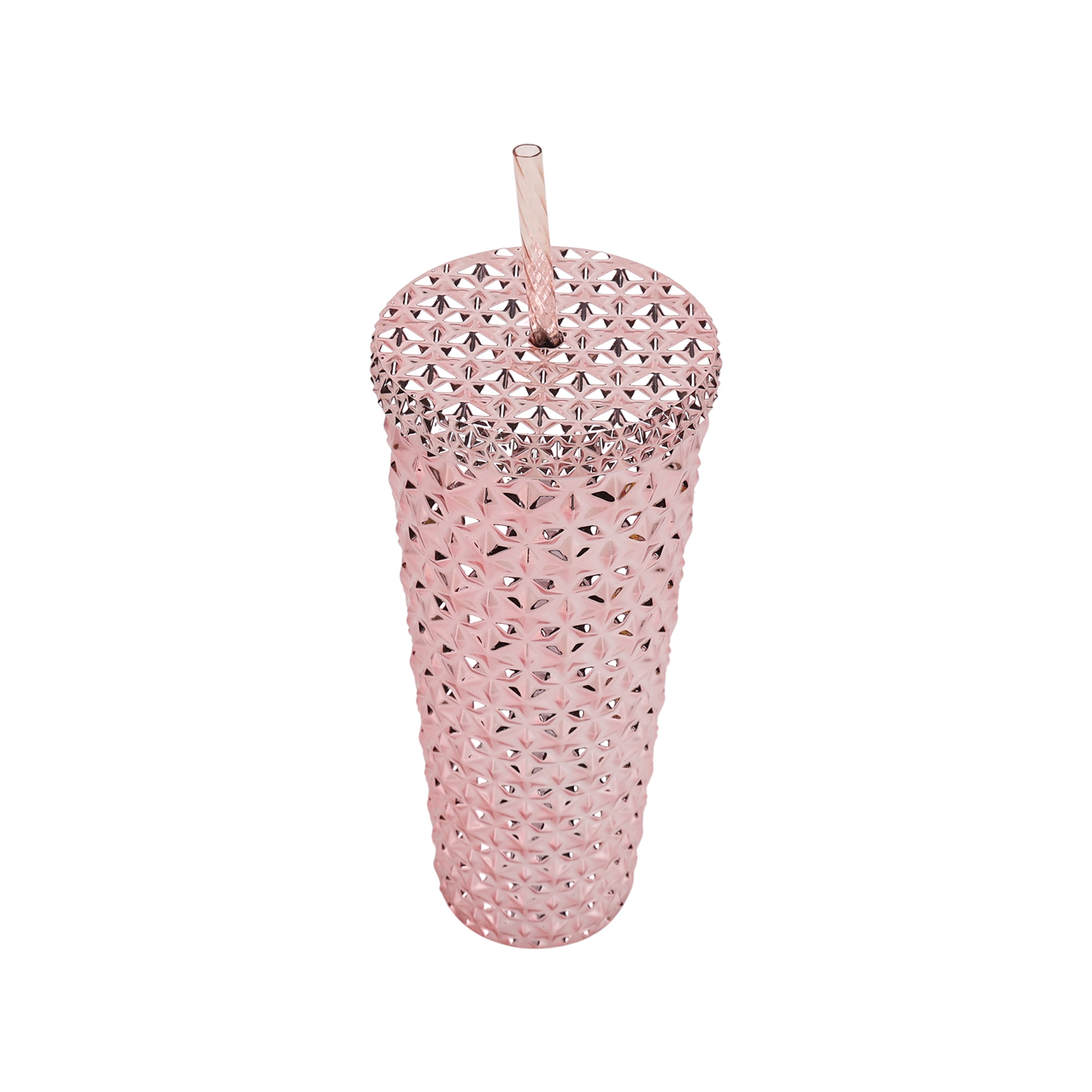 Holiday Time 26 oz Plastic Double Wall Insulated Textured Tumbler with Straw, Pink Metallic