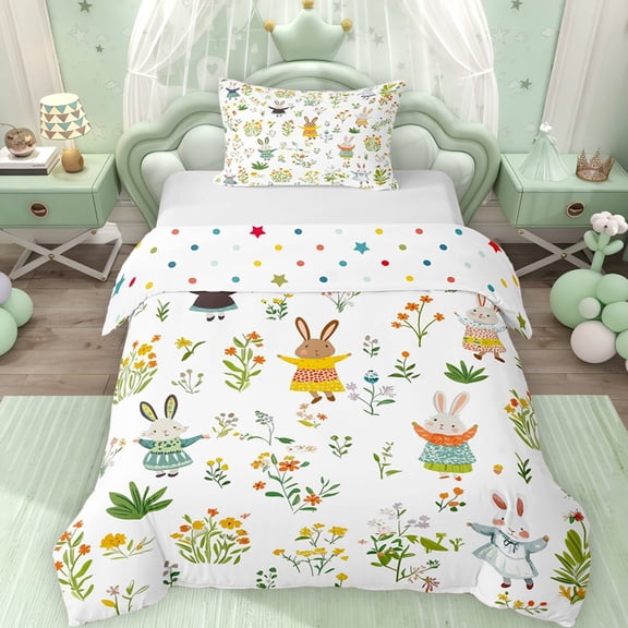 Erosebridal Funny Easter Rabbit Twin Bedding for Kids, Floral Leaves Duvet Cover Set, Polka Dots Reversible 2pcs, 1 Duvet Cover and 1 Pillowcase, No Comforter