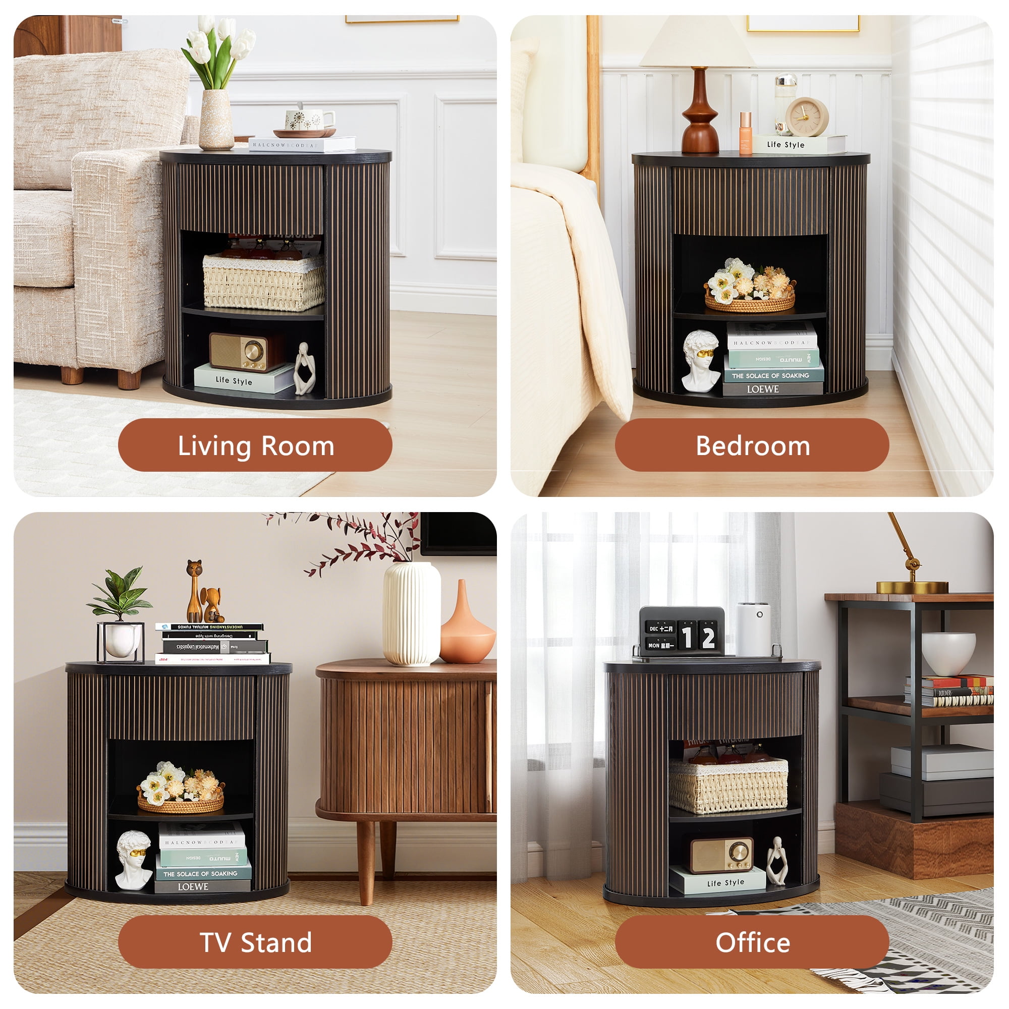 YOCWO Oval Nightstand with 1 Drawer and Adjustable Shelf for Bedroom with Carved Line Design, Round End tables for Living Room, Black