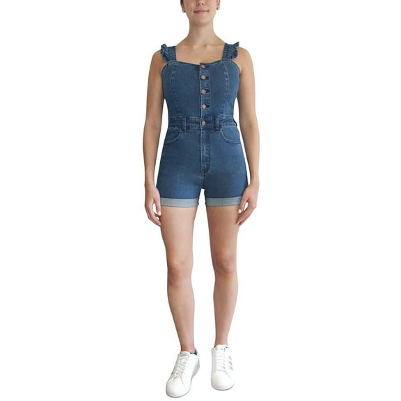 Almost Famous Juniors' Ruffled Stretch-Denim Shortalls Medium Wash Small B4HP