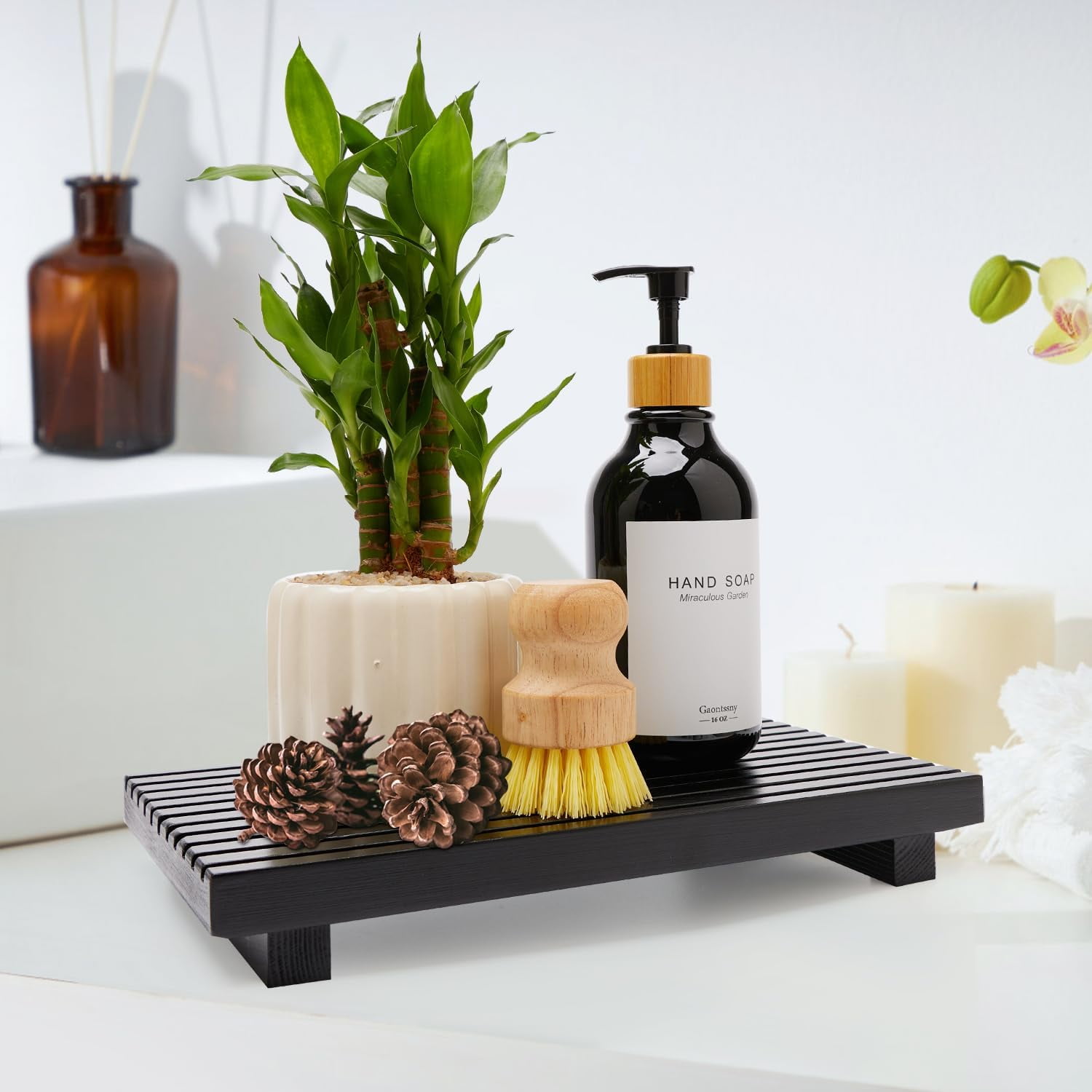 Black Wooden Bathroom Vanity Tray, Farmhouse Countertop Organizer & Riser Stand for Kitchen Sink, Soap Dispenser Holder & Home Decor