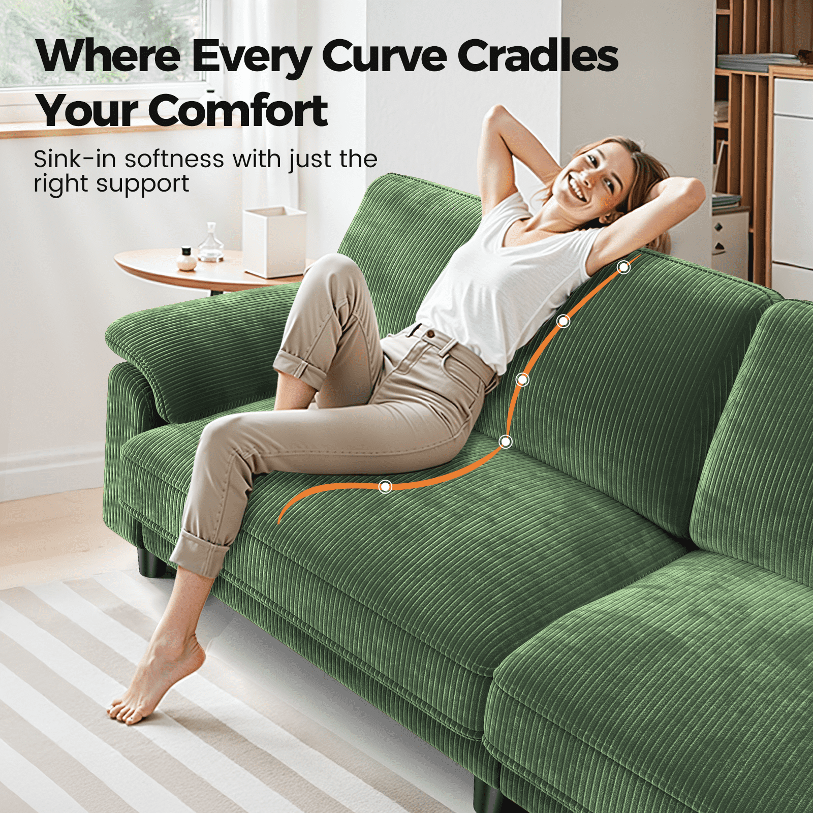 Patbrela 83" Corduroy Sofa, Loveseat Sofa with Extra Deep Seat Couches, Comfy Upholstered Couch for Living Room, No Assembly with 2 Pillows, Green