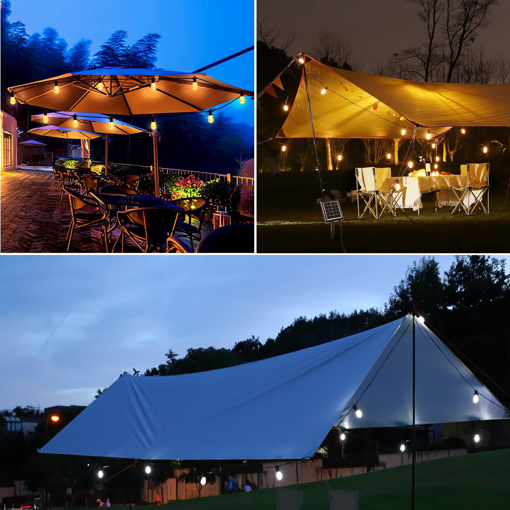 60FT Solar Powered LED Outdoor String Lights,3 Color Changing Patio Lights, for Backyard Garden Patio Pergola Gazebo Bistro Bedroom Christmas Wedding Party
