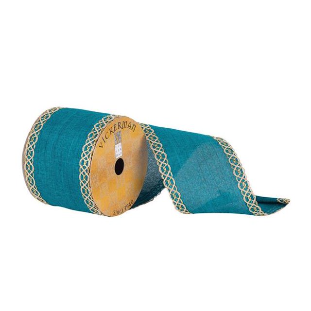 Vickerman Q181339 3.75 in. x 10 Yards Turquoise Dupioni Ribbon with Gold Swirl Edge