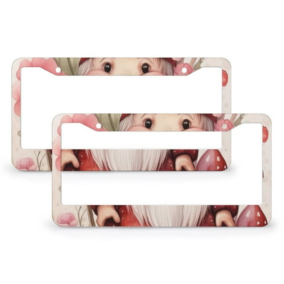Red Gnome With Pink Flowers And Hearts License Plate Cover 2 Pcs Set Love Heart Holiday Decorations License Plate Frame License Plate Shield Frame for Women Men US Vehicles Metal License Plate Frame