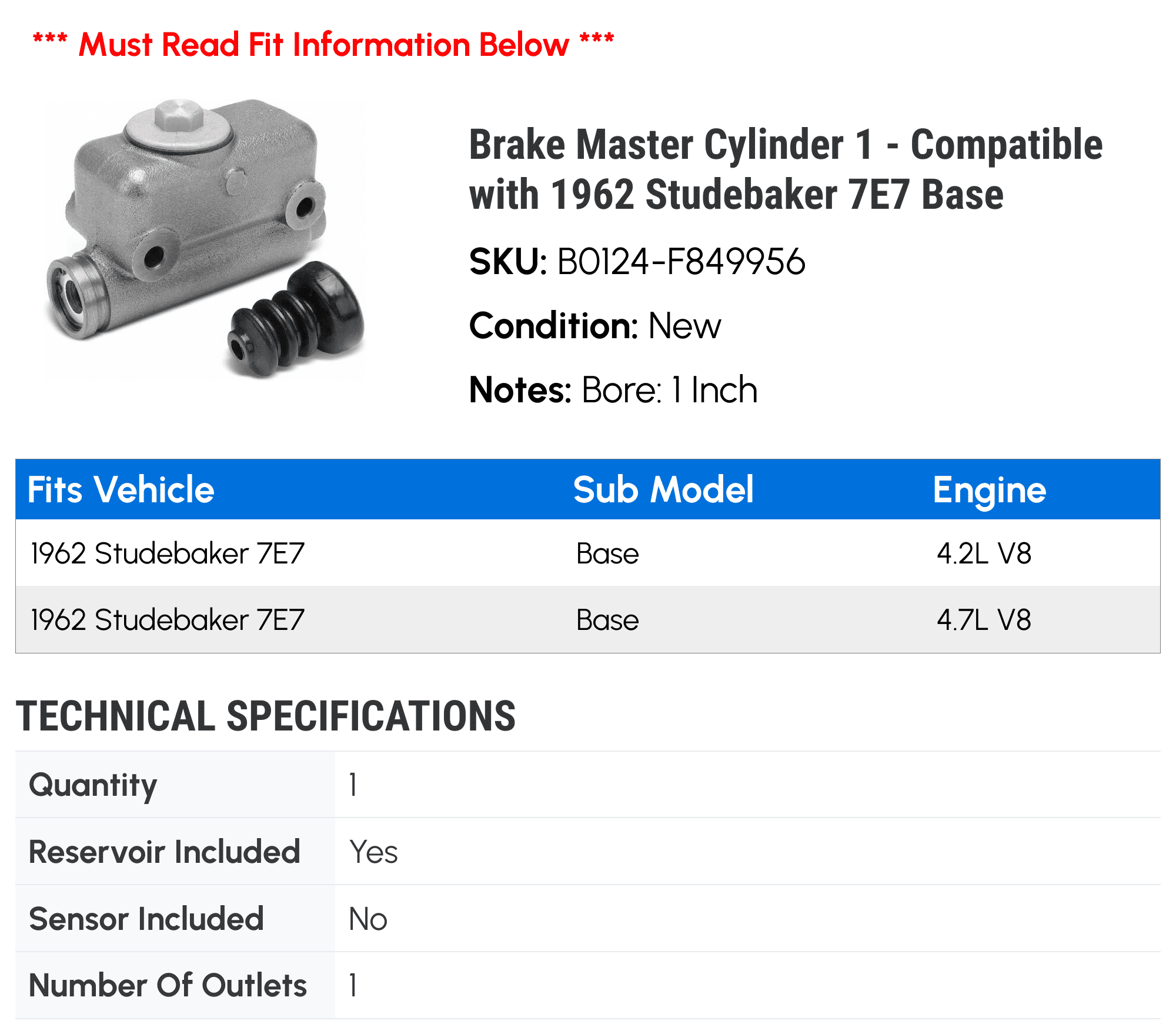 Brake Master Cylinder 1 - Compatible with 1962 Studebaker