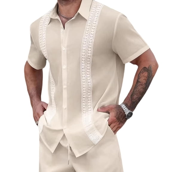 Stamzod Men's Button Down Shirts Short Sleeve Summer Beach Shirt Lace Hollow Out Casual Shirts for Men Beige B XXL