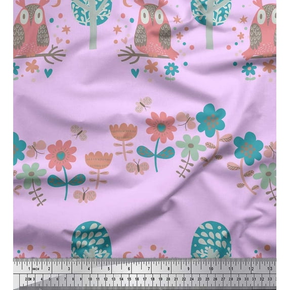 Soimoi Modal Satin Fabric Floral,Tree & Owl Kids Decor Fabric Printed Yard 42 Inch Wide