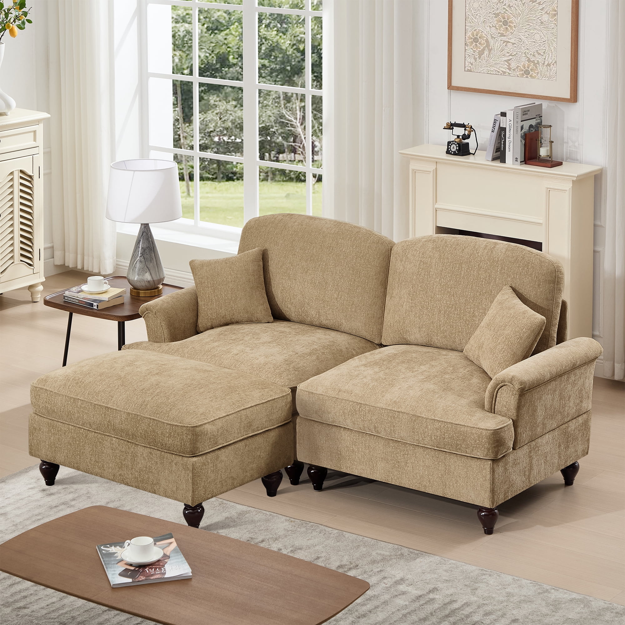 Newest Elegant Large Two Seater Modular L Shaped Sofa Couch, Flared Arms, Removable Ruffles Pleats Skirts, Spindle Legs,Comfy Chenille Loveseat Sofa, Movable Ottoman,Light Coffee