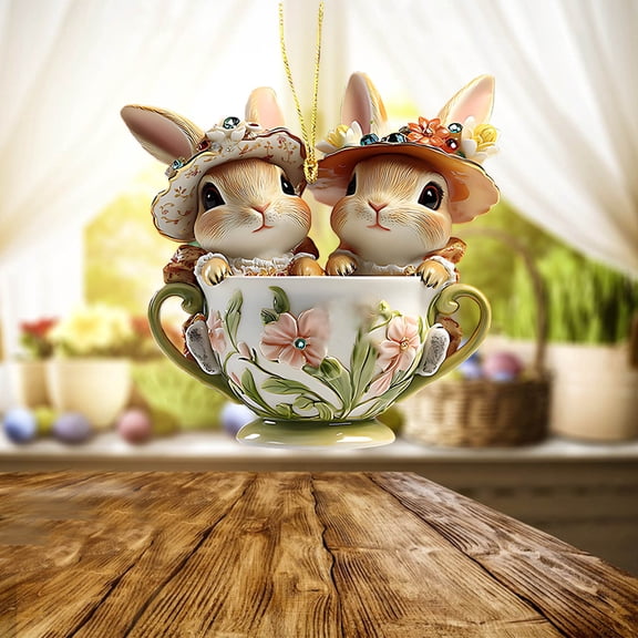 AURIGATE Easter Teacup Bunny Hanging Ornaments, Cute Rabbit in Teacup Decorative Accents, Spring Easter Tree Decorations for Home, Party, Window & Easter Gifts