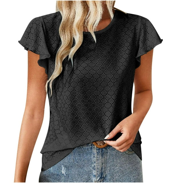 Plebaso Hauts Décontractés pour Femmes Manches Courtes à Volants Blouses Habillées Col Rond T-Shirts Légers de Plage