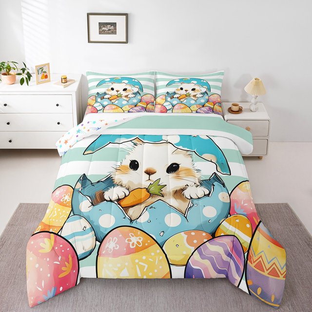 Erosebridal Easter Rabbit Bedding Queen Comforter Set, Easter Eggs Comforter Sets Queen Size, Cartoon Theme Reversible Down Comforter, Super Cozy Bedroom Decoration, 3pcs