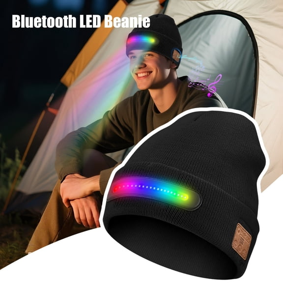 Bluetooth Beanie for Men with Light - 3-in-1 Warm Acrylic Hat with Removable LED Headlamp & Built-in Music Speakers