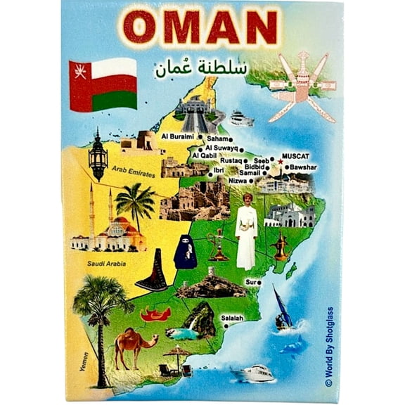 Oman Graphic Map and Attractions Souvenir Fridge Magnet 2.5" X 3.5"