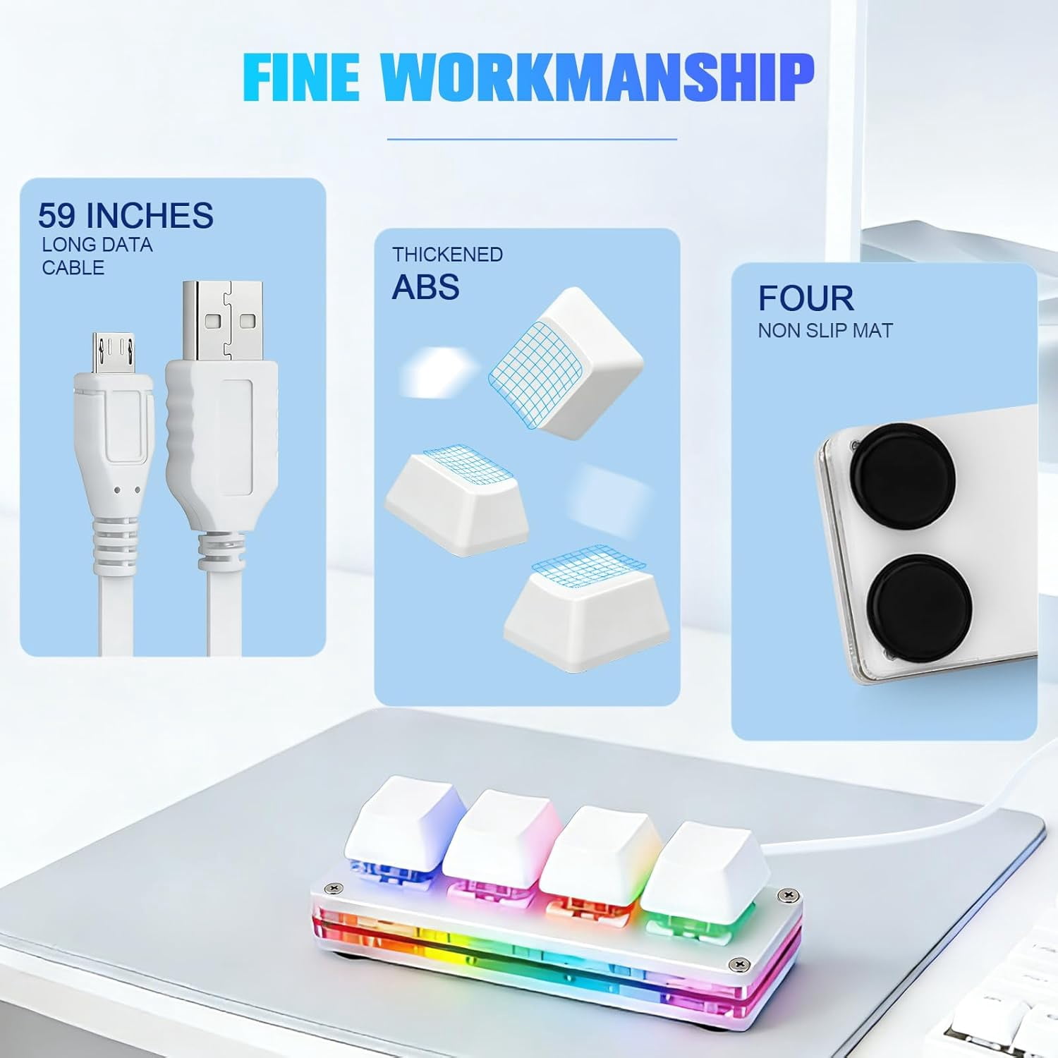 White Mini 4-Key Keypad Mechanical Gaming Keyboard, Self Programming,OSU Hot Swap Game Keyboards with 1.5m USB-C Data Cable（Upgrade Cherry Shaft &RGB LED）