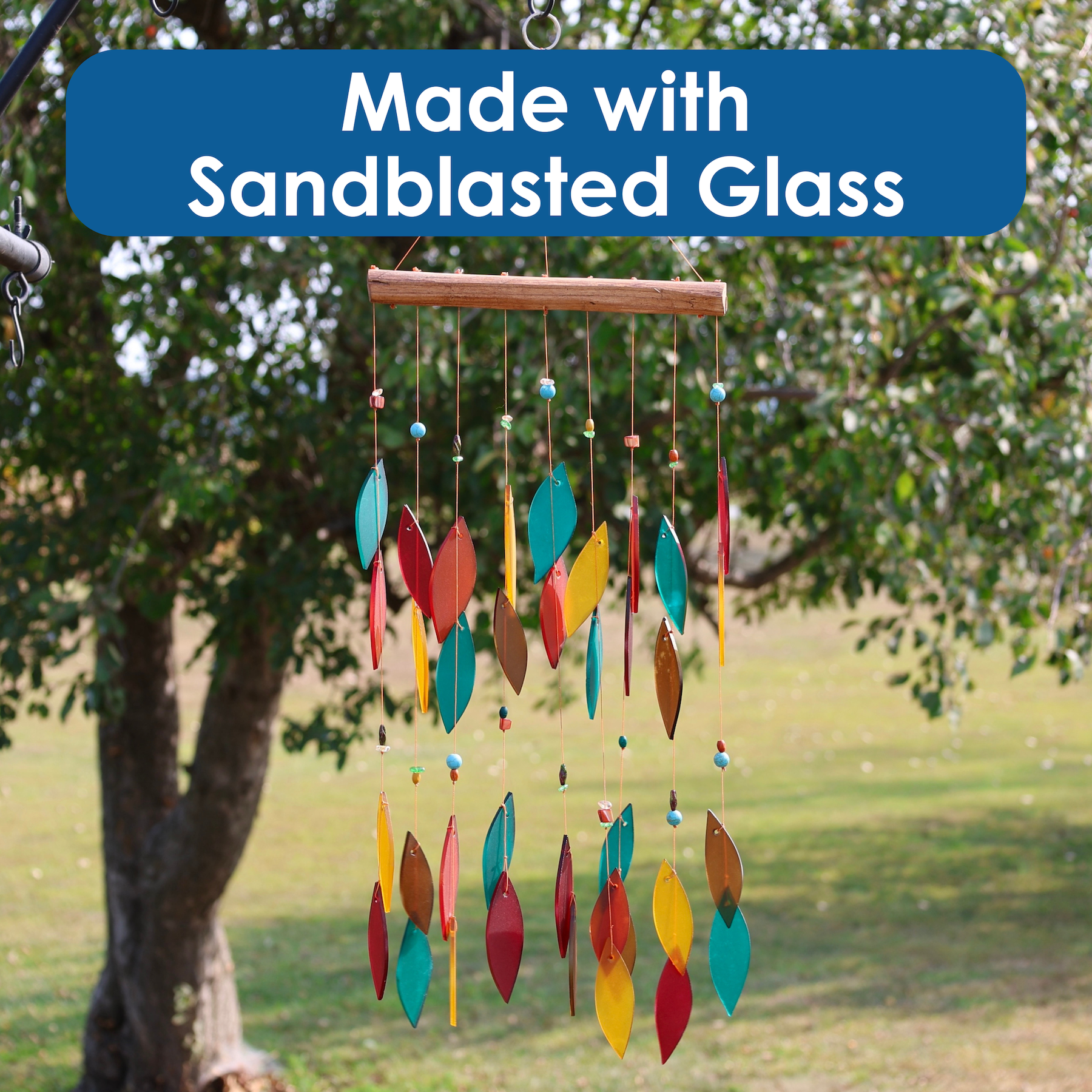 Blue Handworks Santa Fe Colors Beaded Glass & Driftwood Wind Chime - Sandblasted Glass and Found Wood Handcrafted Outdoor and Garden Windchime