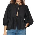 thumbnail image 4 of Womens Summer Tops Strap Front Top Leopard Print Ruffle 3/4 Length Puff Sleeve Hat Womens Shirts Black S, 4 of 5