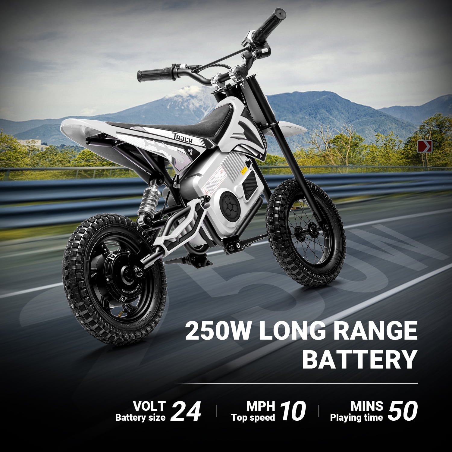 Track Seven 24V Electric Dirt Bike, 250W Ride on Motorcycle with Twist Grip Throttle, Hand-Operated Dual Brakes, Speed Up to 10 MPH, for Age 8-12, White