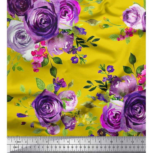 Soimoi Rayon Fabric Leaves & Rose Flower Decor Fabric Printed Yard 56 Inch Wide