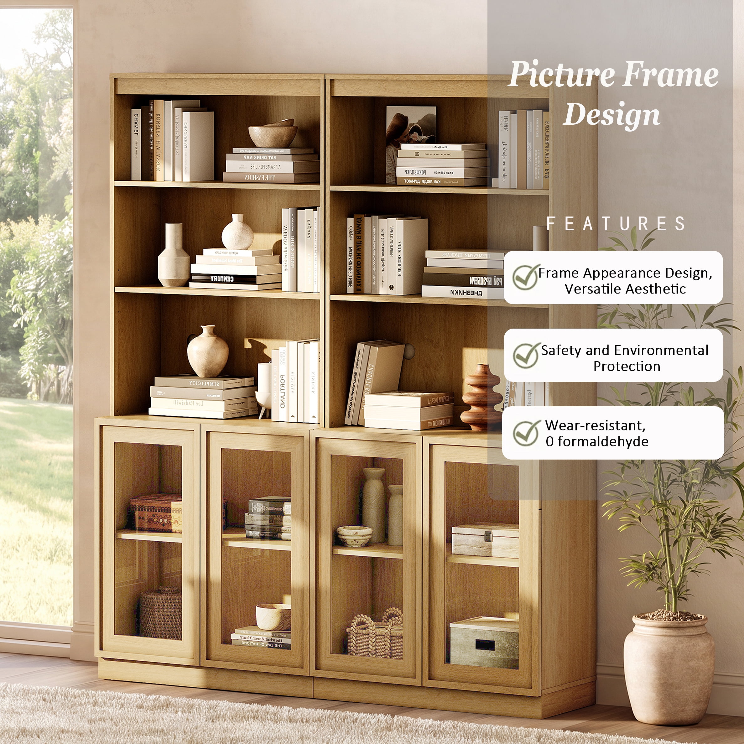 Modern 72" Tall Bookshelf with Glass Doors and Adjustable Shelves, Library Bookcase with Storage Cabinet and Open Shelves,Oak