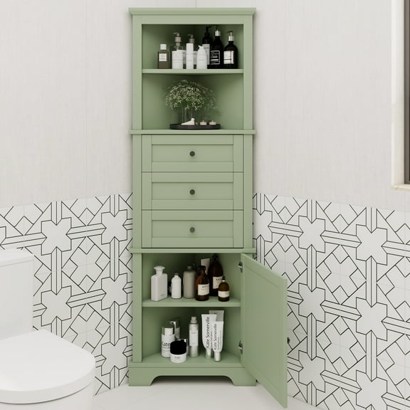Green Triangle Tall Cabinet with 3 Drawers and Adjustable Shelves for Bathroom, Kitchen or Living Room, MDF Board with Painted Finish