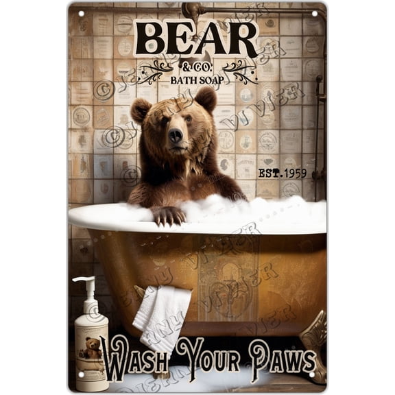 Funny Bear Decor Vintage Bathroom and Bathtub Metal Tin Sign Decor Bear Pet Lovers Gift Farm Home Bar Bathroom Man Cave Retro Wall Art Poster Sign Accessories,Aluminum 12"x8"