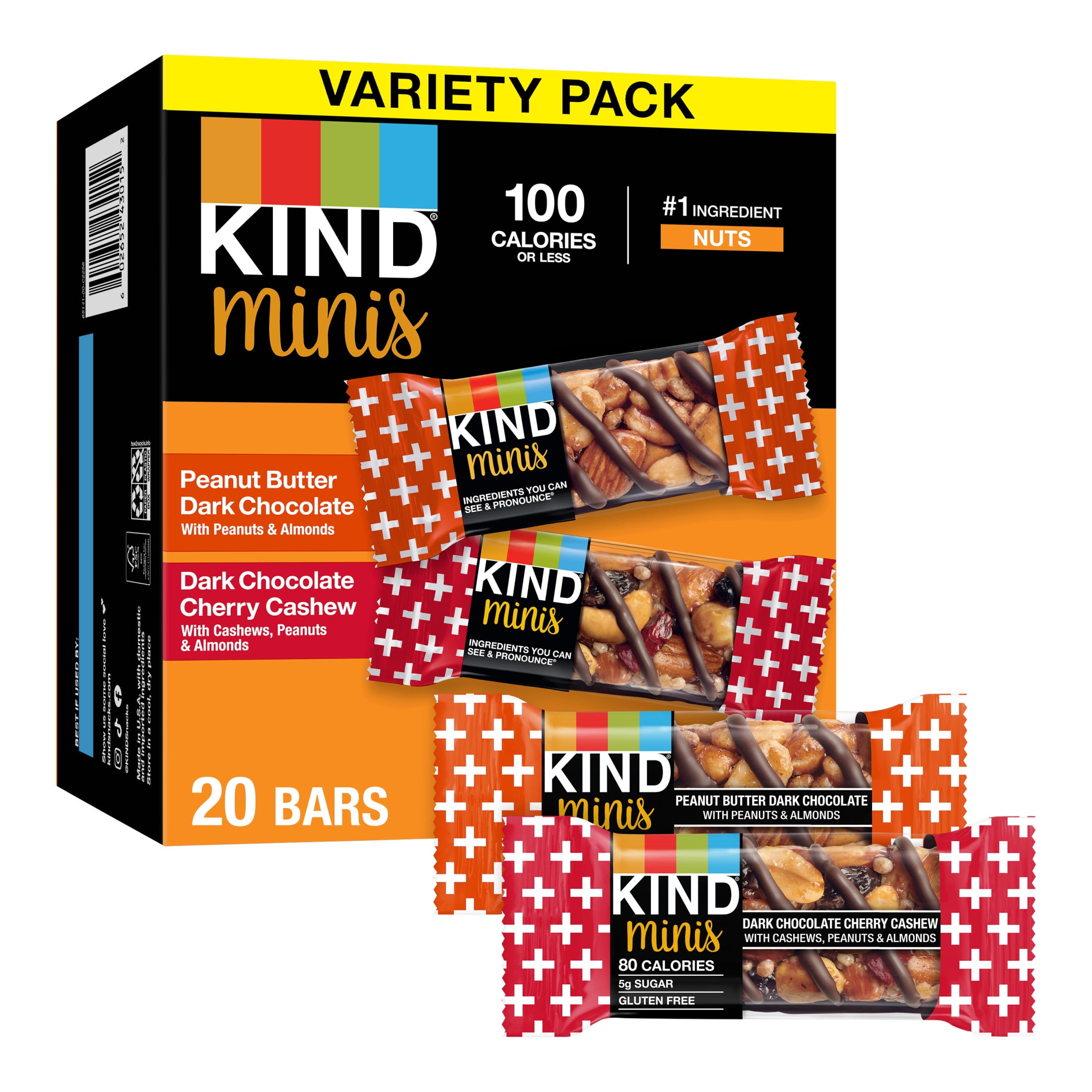 KIND Minis Gluten Free Snack Bars, Variety Pack, 0.7 oz, 20 Count Box