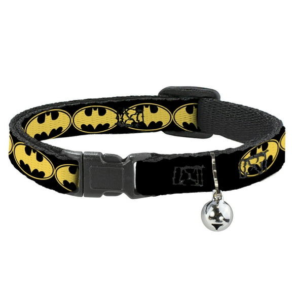 DC Comics Cat Collar, Breakaway Collar with Bell, Bat Signal Black Yellow Black, 8.5 to 12 Inches 0.5 Inch Wide