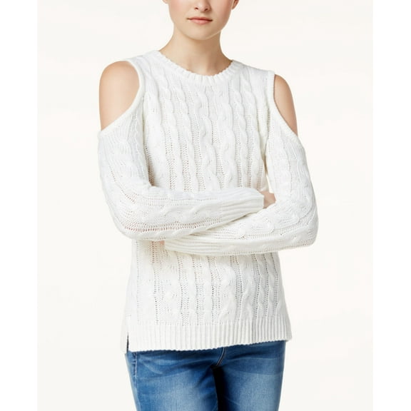 Hippie Rose Juniors Cold Shoulder Cable Knit Sweater Ivory XL