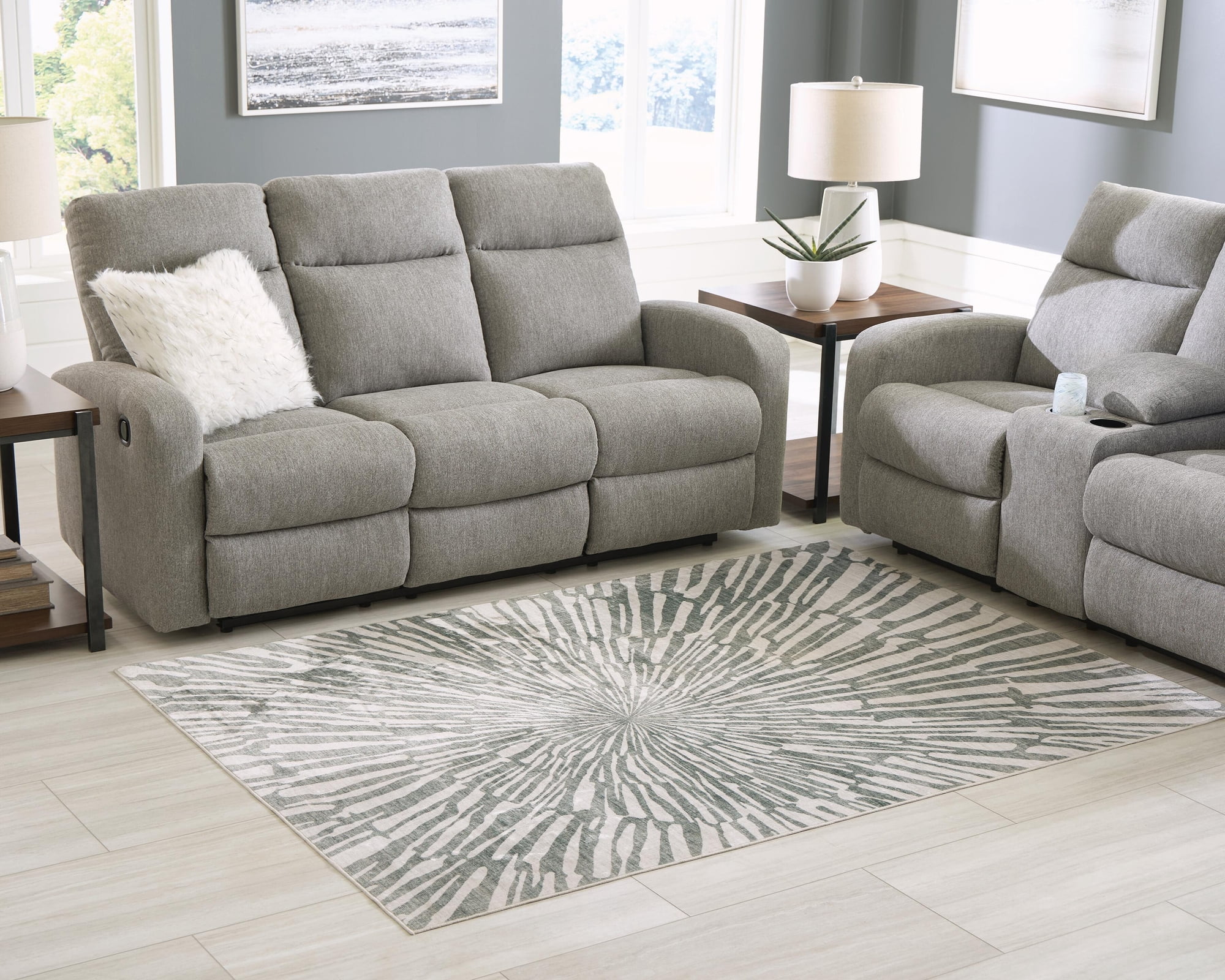 Signature Design by Ashley Verland 5' x 7' Washable Area Rug, Gray/White Sunburst Faux Fur Rug