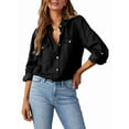 thumbnail image 3 of Women Button Down Denim Shirts Casual Long Sleeve V Neck Chambray Blouse Top Black L, 3 of 9