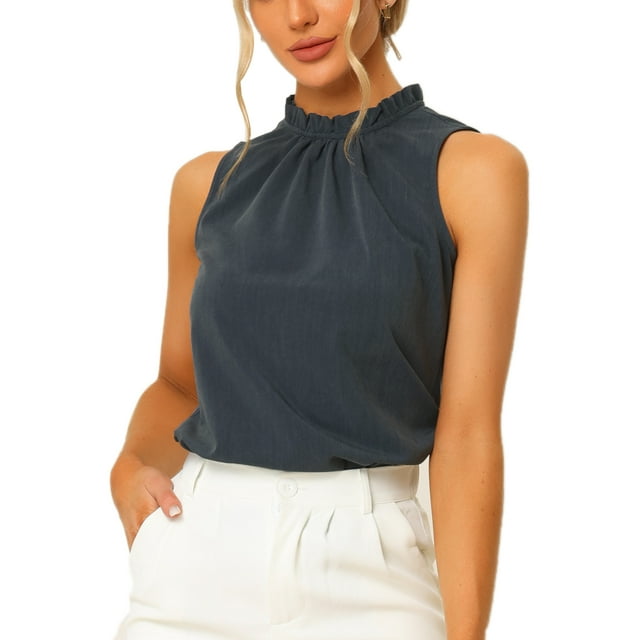 INSPIRE CHIC Blouse Décontractée Sans Manches à Col Montant à Volants pour Femme Bleu Foncé TP
