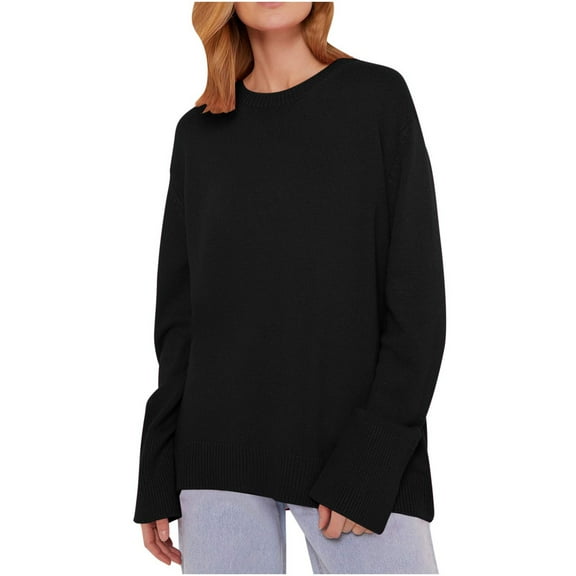 TFEOQRY Pullover Sweater for Women Fashion Solid Color Loose Knitwear Long Sleeved Round Neck Sweater Top Black