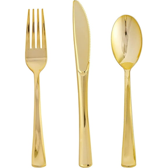 75 Pack Gold Plastic Silverware Disposable Cutlery Set - 25 Forks Knives Spoons - Disposable Flatware Heavy Duty Plastic Utensils Set for Catering, Parties, Dinners, Weddings
