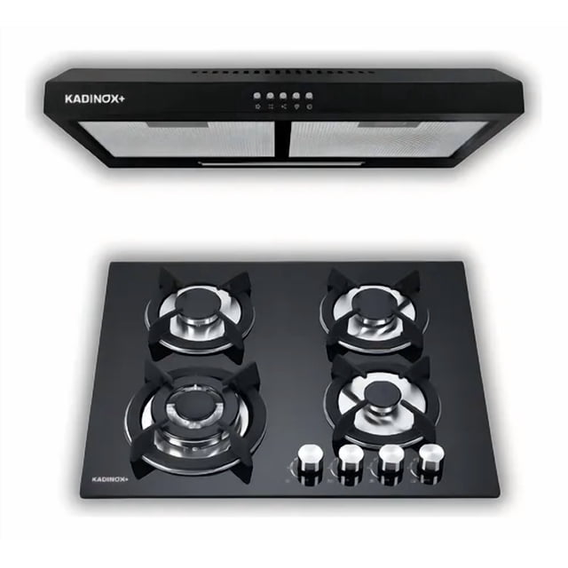 Combo Parrilla De Gas 4 Quemadores 60cm + Campana Pared 60cm Negra Kadinox Plus | Empotrables De Acero Inoxidable Con Diseño Elegante De Lujo, Flame Guard Y Alta Potencia Para Cocina Moderna