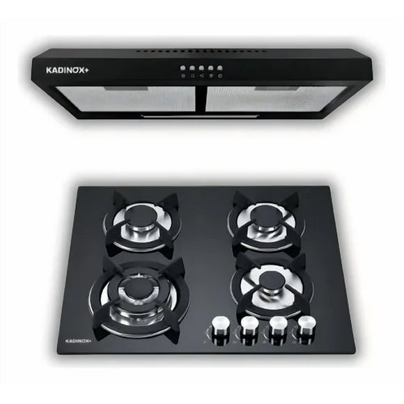 Combo Parrilla De Gas 4 Quemadores 60cm + Campana Pared 60cm Negra Kadinox Plus | Empotrables De Acero Inoxidable Con Diseño Elegante De Lujo, Flame Guard Y Alta Potencia Para Cocina Moderna
