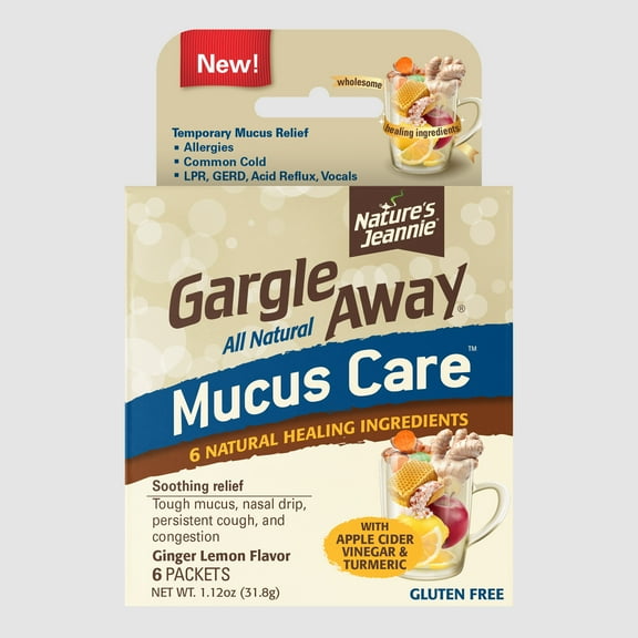 Nature's Jeannie Gargle Away All Natural Mucus Care - Soothing Mucus, Cough and Nasal Drip Relief - 6 Powder Packets - Ginger Lemon Flavor