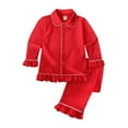 thumbnail image 1 of Godderr Toddler Kids Boys Girls Pajamas Outfits 2PCS Button Ruffle Long Sleeve cotton Sleepwear Christmas Red Spring Autumn Pajamas Outfits for 1-7 Years Baby, 1 of 7